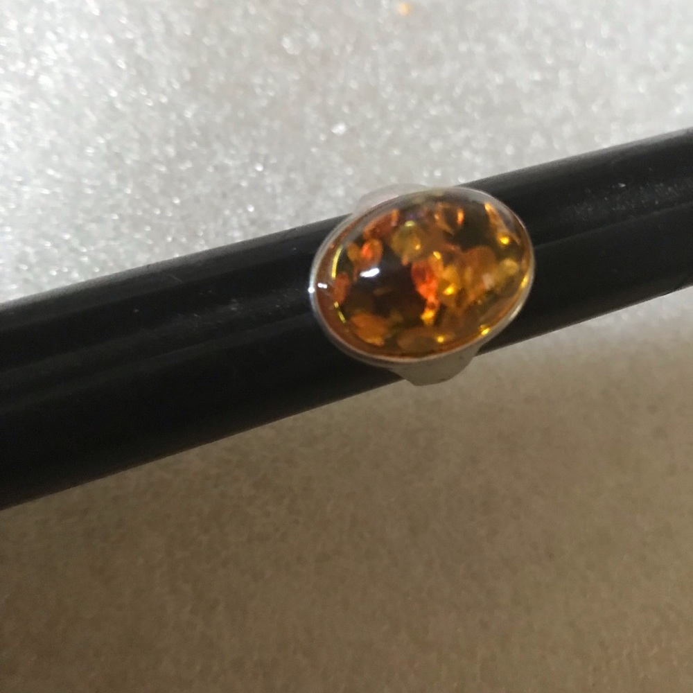 Sterling Silver Amber Cabochon Ring - Honey Amber